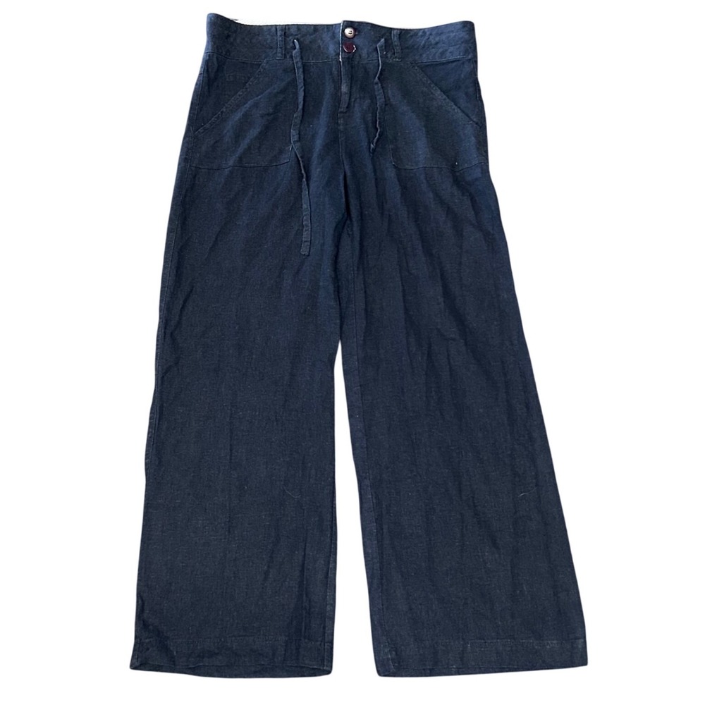 Heirloom Navy Blue Linen Blend Wide Leg Pants Drawstring Trousers Medium LF09
